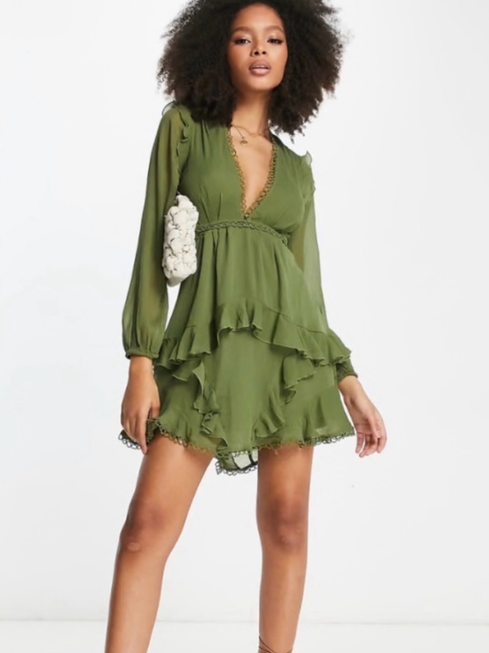 ASOS Olive Green Ruffle V-Neck Mini Dress with Long Sleeves